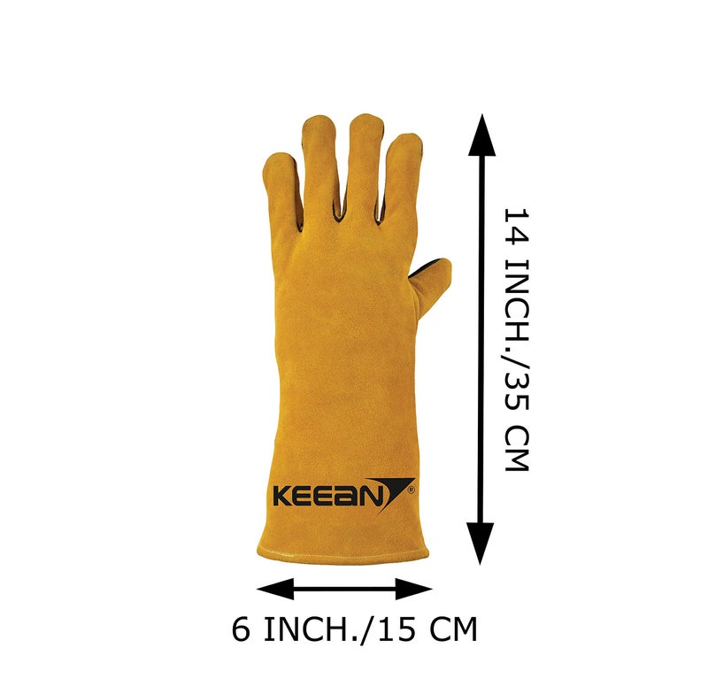 KEEAN MIG ARC TIG Welding 14 Inch Gloves with Extra Padded Palm Leather High Temperature Hot Thermal Work Safety Heavy Duty Heat Fire Resistant at 350°C Leather Cut Proof Gaunlets Kevlar Stitching - Image 2