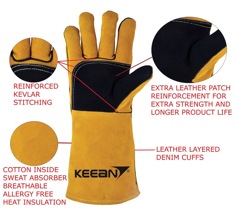 KEEAN MIG ARC TIG Welding 14 Inch Gloves with Extra Padded Palm Leather High Temperature Hot Thermal Work Safety Heavy Duty Heat Fire Resistant at 350°C Leather Cut Proof Gaunlets Kevlar Stitching - Image 4