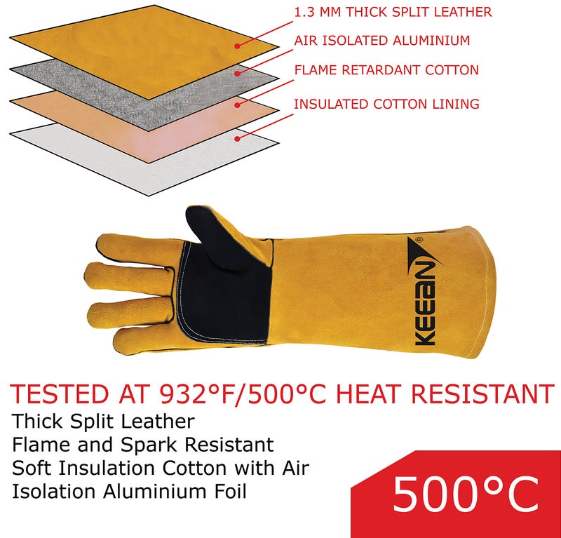 KEEAN MIG ARC TIG Welding 14 Inch Gloves with Extra Padded Palm Leather High Temperature Hot Thermal Work Safety Heavy Duty Heat Fire Resistant at 350°C Leather Cut Proof Gaunlets Kevlar Stitching - Image 3