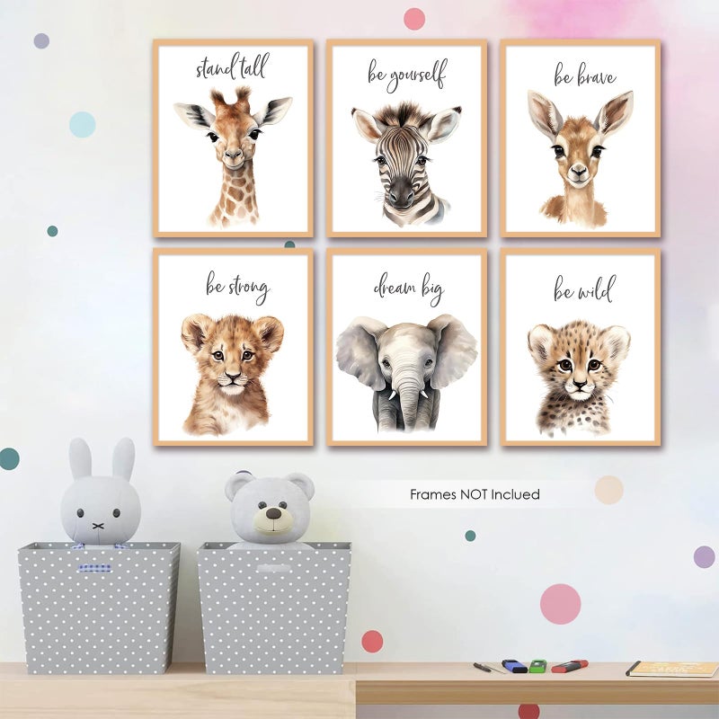 VicBou 6 PCS Cartoon Animals Wall Art Nursery Decor Cute Giraffe Leopard Zebra Deer Elephant Inspirational Wall Decor Unframed Posters Nursery Print Paintings Artwork for Home Bedroom Living Room 8x10 In - Image 2