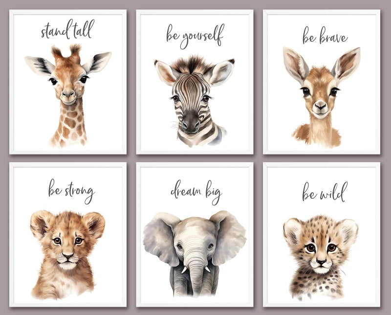 VicBou 6 PCS Cartoon Animals Wall Art Nursery Decor Cute Giraffe Leopard Zebra Deer Elephant Inspirational Wall Decor Unframed Posters Nursery Print Paintings Artwork for Home Bedroom Living Room 8x10 In - Image 1