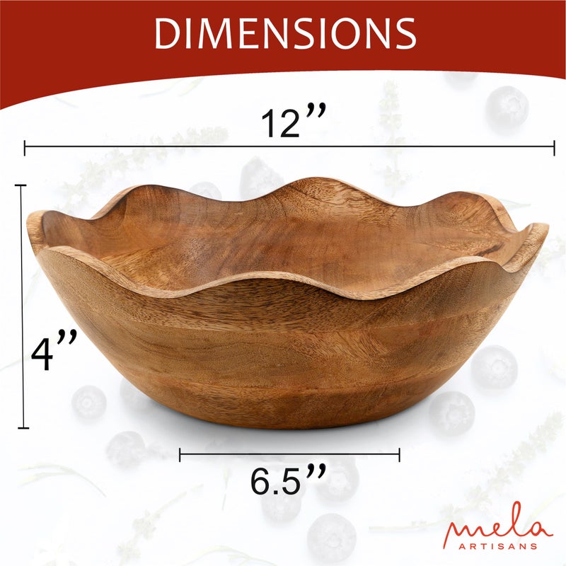 Mela Artisans Scalloped Decorative Wooden Bowl | 12 Inch Mango Wood Fruit & Serving Bowl | Natural Grain Finish | For Kitchen Counter | Snacks | Desserts | Bread | Handcrafted Home Decor - Image 2