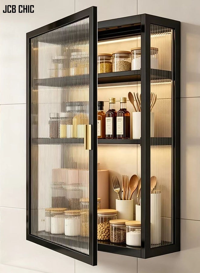 JCB CHIC رف توابل ثلاثي الطبقات للتثبيت على الحائط بأبواب مفردة، تركيب بدون حفر، خزانة تخزين مقاومة للغبار، خزانة حائطية للمطبخ/الحمام لا تتطلب ثقب الجدران، 30 × 14 × 70 سم - Image 1
