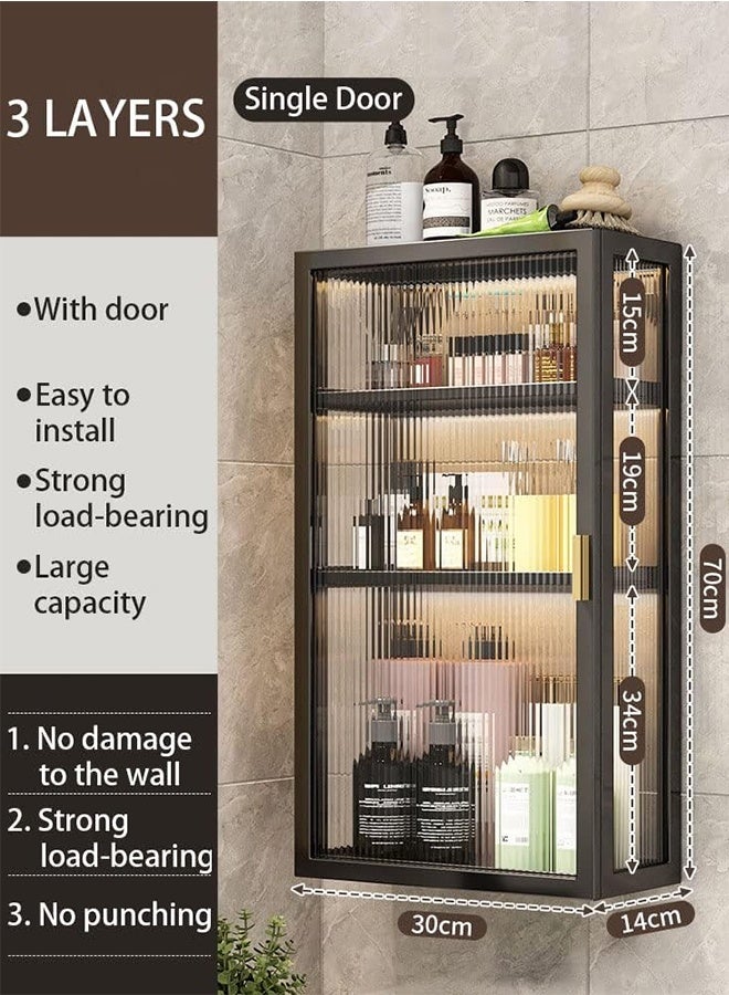 JCB CHIC رف توابل ثلاثي الطبقات للتثبيت على الحائط بأبواب مفردة، تركيب بدون حفر، خزانة تخزين مقاومة للغبار، خزانة حائطية للمطبخ/الحمام لا تتطلب ثقب الجدران، 30 × 14 × 70 سم - Image 2