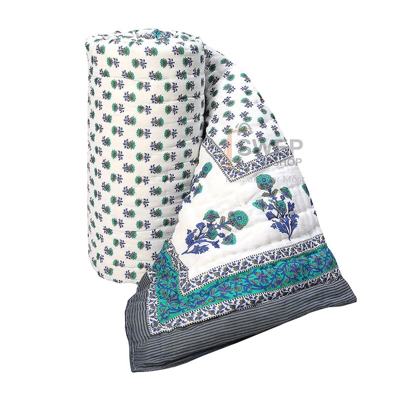 LOARSHY Pure Cotton Floral Quilt Lightweight and Warm Jaipuri Rajasthani Double Bed Razai Soft BlanketRazai for Winters Beautiful Gift Item 85X105 INCH Gery - Image 1