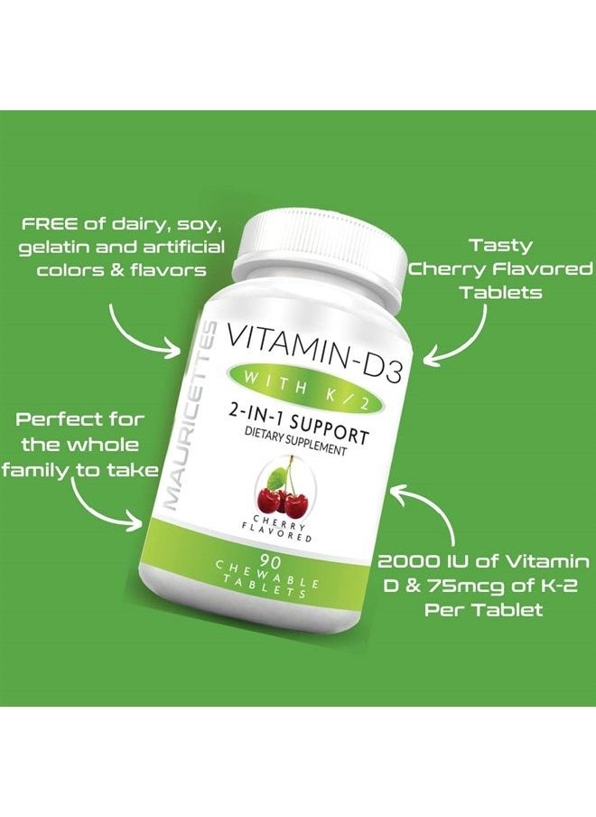 Mauricettes - Vitamin D3 K2 Chewables with Vitamin D 2000 iu and K2 MK7 - Cherry Flavored Sublingual Vitamin D K2 Tablets - K2 D3 Vitamin Supplement for Adults and Kids - Image 1