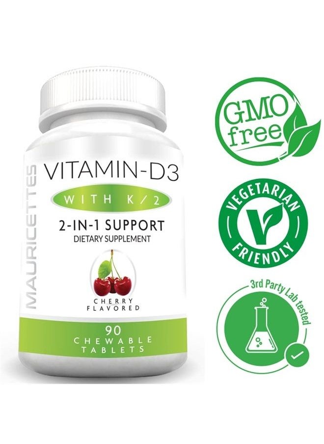 Mauricettes - Vitamin D3 K2 Chewables with Vitamin D 2000 iu and K2 MK7 - Cherry Flavored Sublingual Vitamin D K2 Tablets - K2 D3 Vitamin Supplement for Adults and Kids - Image 1