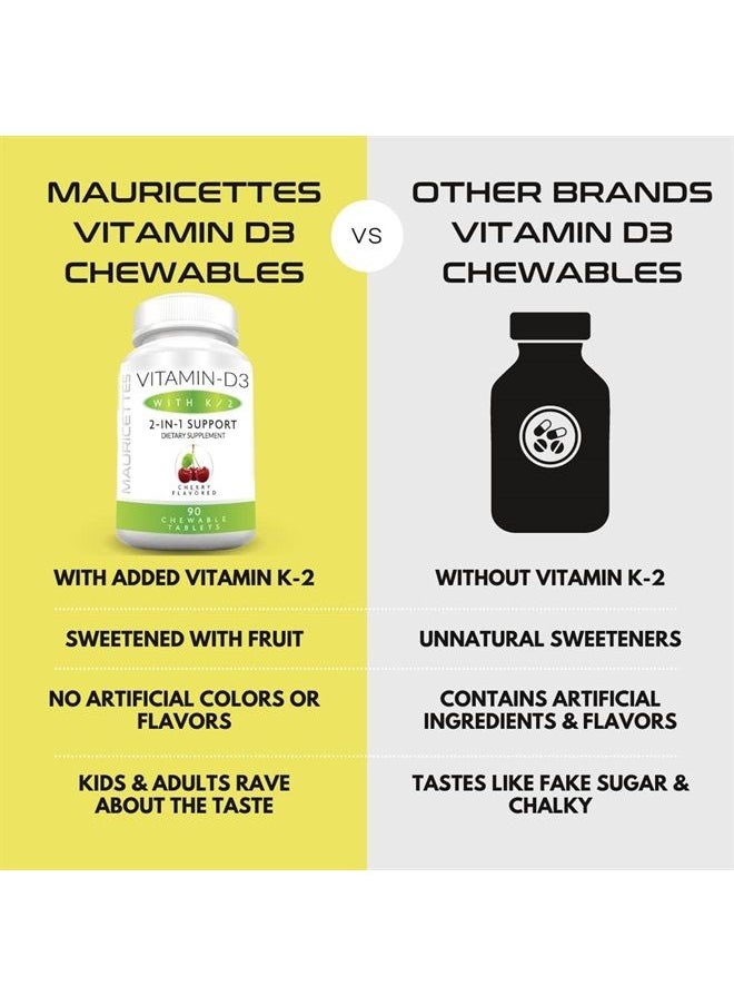 Mauricettes - Vitamin D3 K2 Chewables with Vitamin D 2000 iu and K2 MK7 - Cherry Flavored Sublingual Vitamin D K2 Tablets - K2 D3 Vitamin Supplement for Adults and Kids - Image 1