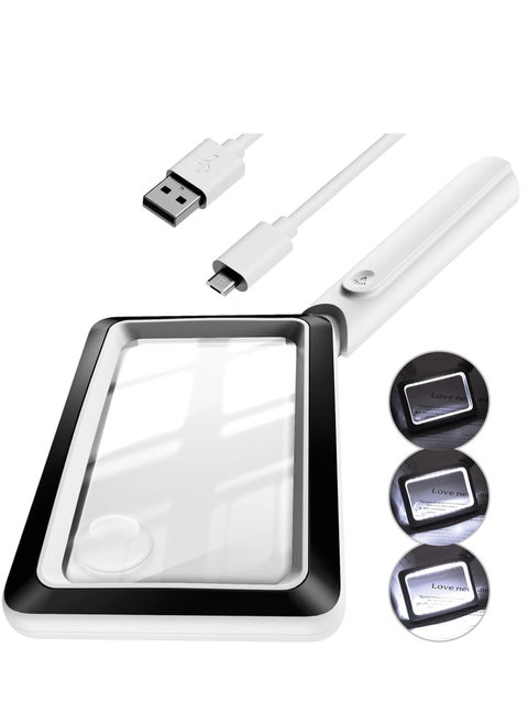 ANBULL 4X 8X Rechargeable Magnifying Glass with Light 20 Anti-Glare Dimmable LEDs  Handheld 4.5'' *2.7'' Rectangular Page Lighted Magnifying Glass for Close Work  Seniors Reading Low Vision