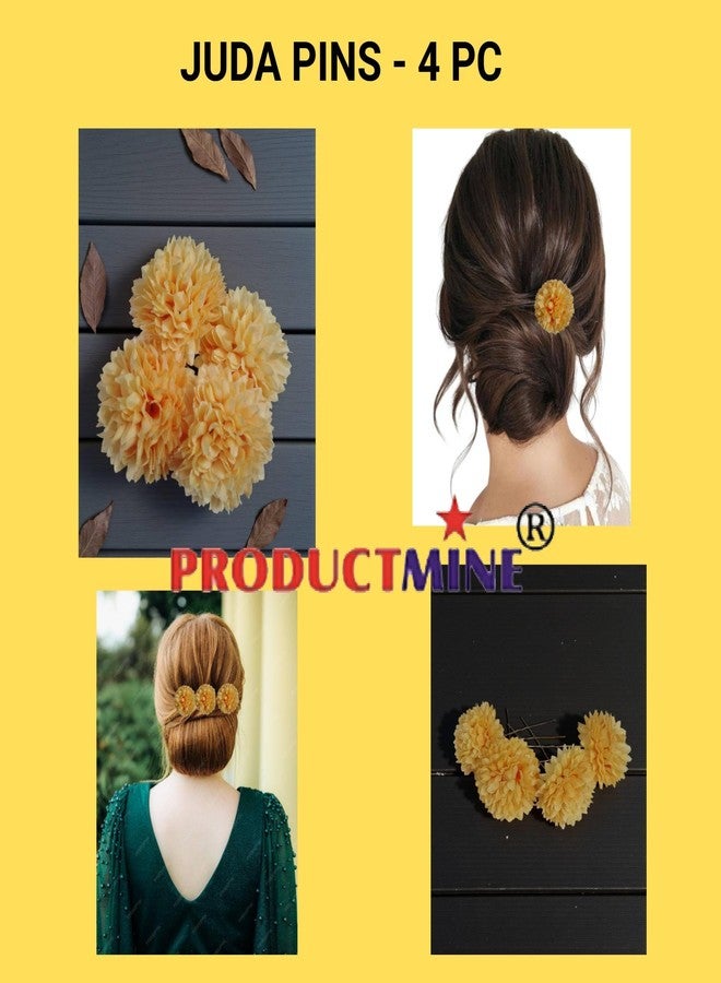 PRODUCTMINE® Bridal Hair Pin Bun Pin Accessories/Fancy Golden Juda Pins with Artificial BIG 4.5 CM MANGOW YELLOW COLOR Flowers Hair Pin for Women and Girls hair pins for women wedding - Set of 4 PCs - Image 2