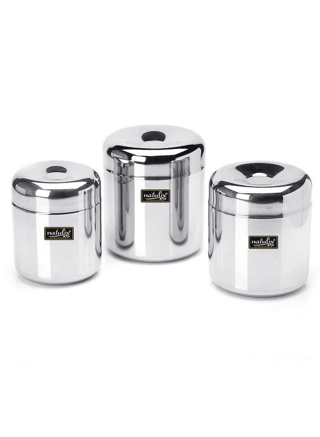 NATULIX Heavy Gauge Multipurpose Small Stainless Steel Containers For Kitchen | Vertical Canisters | Ubha Dabba | Storage Containers Set Of 3Pcs | (320Ml,500Ml,650Ml), Silver - Image 1
