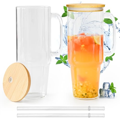 FECBK Glass Cups with Lids and Straws 40 oz Glass Tumbler with Straw and Lid 2 Pack Glass Tumbler with Handle Wide Mouth Iced Coffee Cups for Smoothies, Soda, Tea, with Bamboo Lids - Image 1