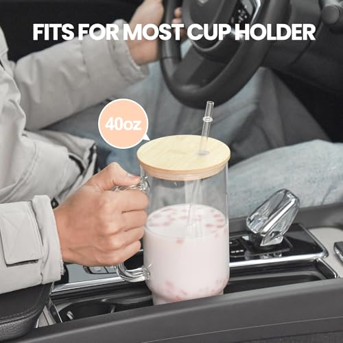 FECBK Glass Cups with Lids and Straws 40 oz Glass Tumbler with Straw and Lid 2 Pack Glass Tumbler with Handle Wide Mouth Iced Coffee Cups for Smoothies, Soda, Tea, with Bamboo Lids - Image 2