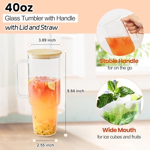 FECBK Glass Cups with Lids and Straws 40 oz Glass Tumbler with Straw and Lid 2 Pack Glass Tumbler with Handle Wide Mouth Iced Coffee Cups for Smoothies, Soda, Tea, with Bamboo Lids - Image 3