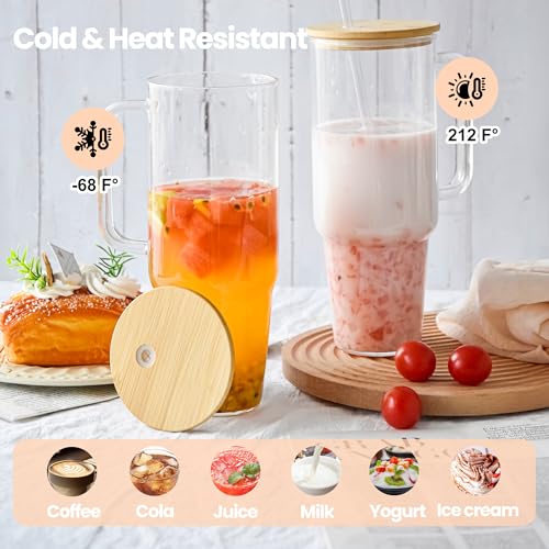 FECBK Glass Cups with Lids and Straws 40 oz Glass Tumbler with Straw and Lid 2 Pack Glass Tumbler with Handle Wide Mouth Iced Coffee Cups for Smoothies, Soda, Tea, with Bamboo Lids - Image 4