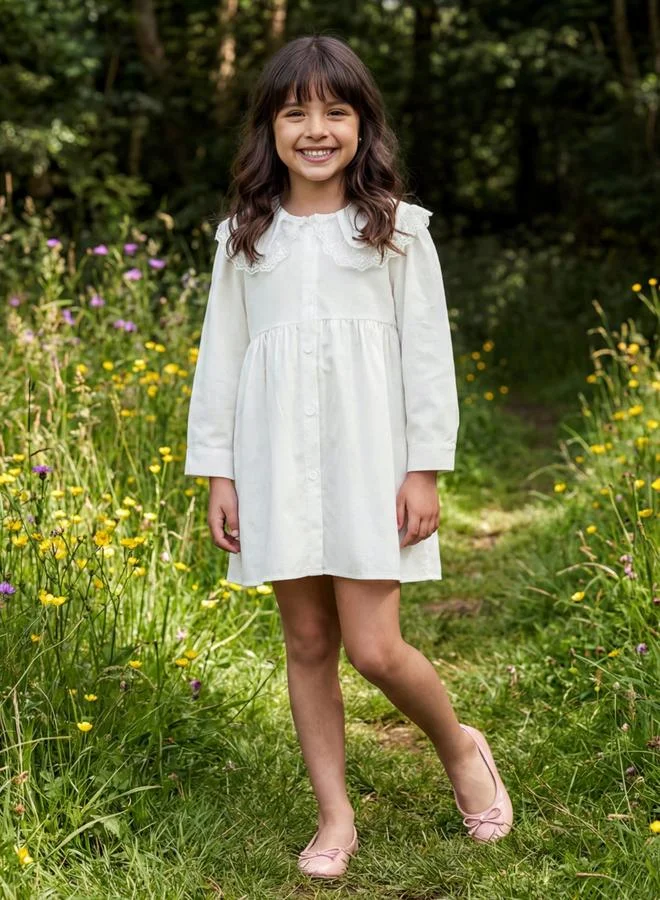جلو باص Globus Girls White Peter Pan Collar Lace Insert Fit & Flare Mini Party Dress