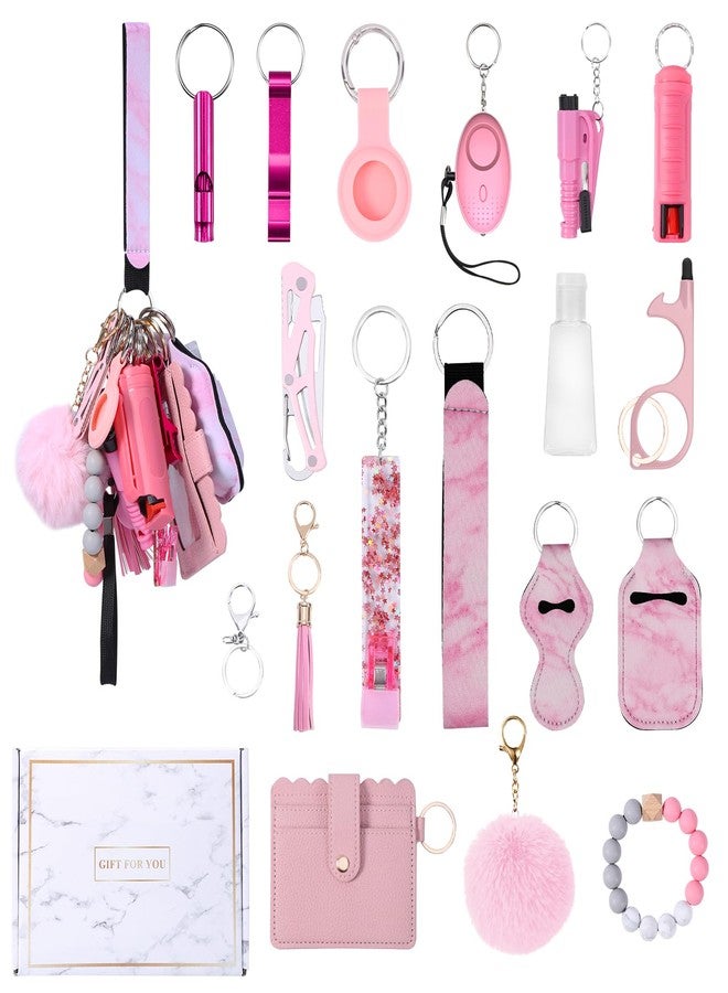Ankilo Safety Keychain Set for Women, Safety Keychain Accessories, Bracelet Wristlet Keyring for Girls with Personal Alarm, No Touch Door Opener, Whistle and Pompom (Pink) - Image 1