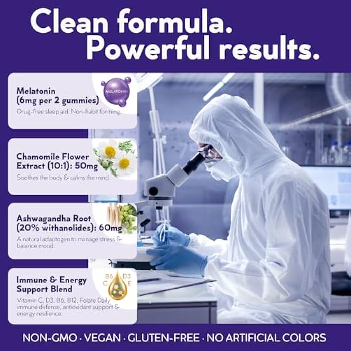 Viccoky Sleep Gummies for Adults with Melatonin + Chamomile & Ashwagandha | Elderberry + Vitamins C, D3, B6, B12 & Folate | Vegan, Gluten-Free | 60 Gummies (30 Servings) - Image 3