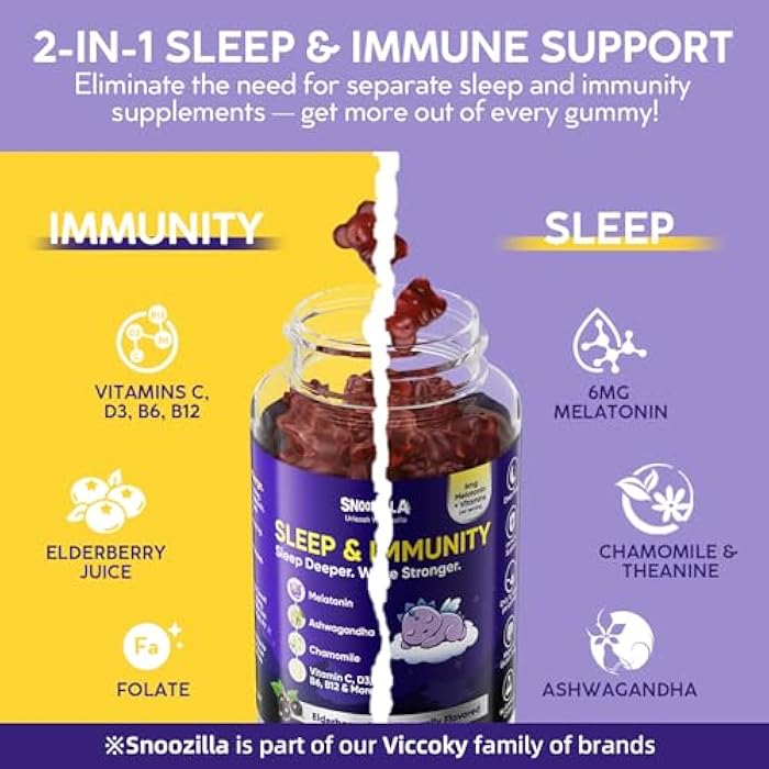 Viccoky Sleep Gummies for Adults with Melatonin + Chamomile & Ashwagandha | Elderberry + Vitamins C, D3, B6, B12 & Folate | Vegan, Gluten-Free | 60 Gummies (30 Servings) - Image 2