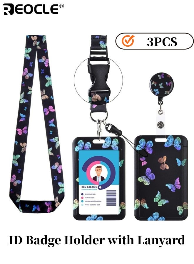 REOCLE 3PCS ID Badge Holder with Lanyard and Keys Retractable Badge Holder with Detachable Lanyard Fashionable Badge Reel Heavy Duty with Carabiner Clip for Nurse Teacher Office and School Staff - Image 1