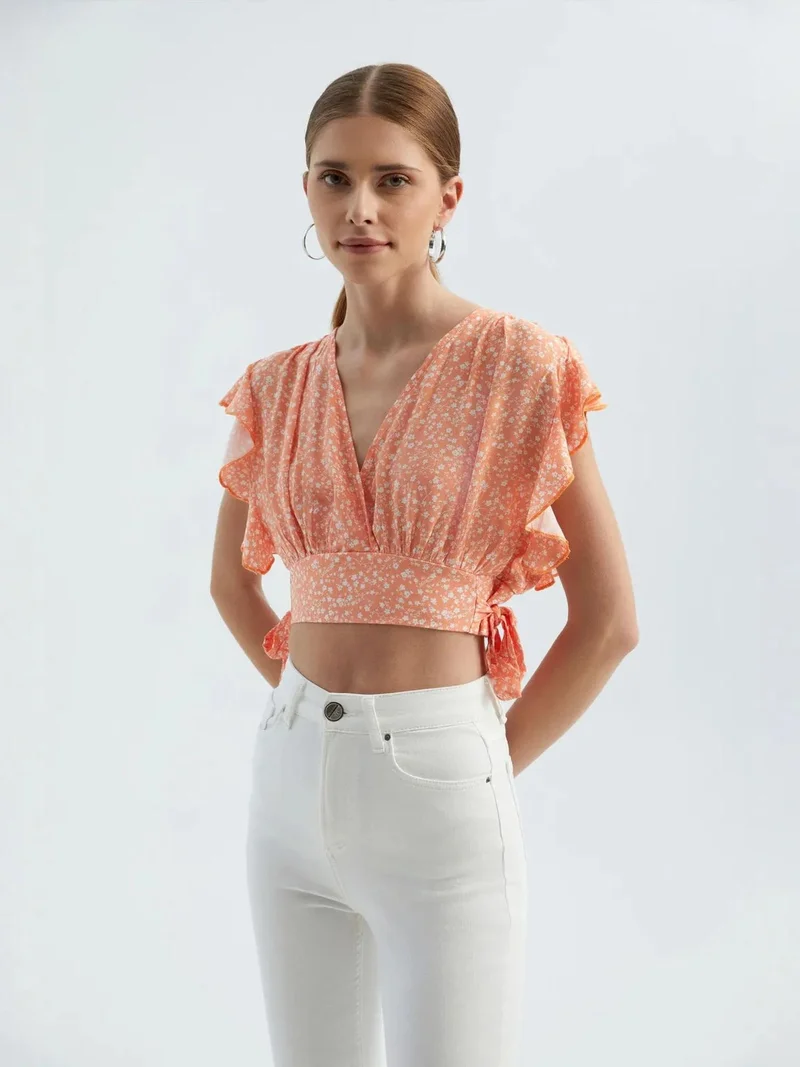 HICCUP Floral V Neck Tie Side Crop Top