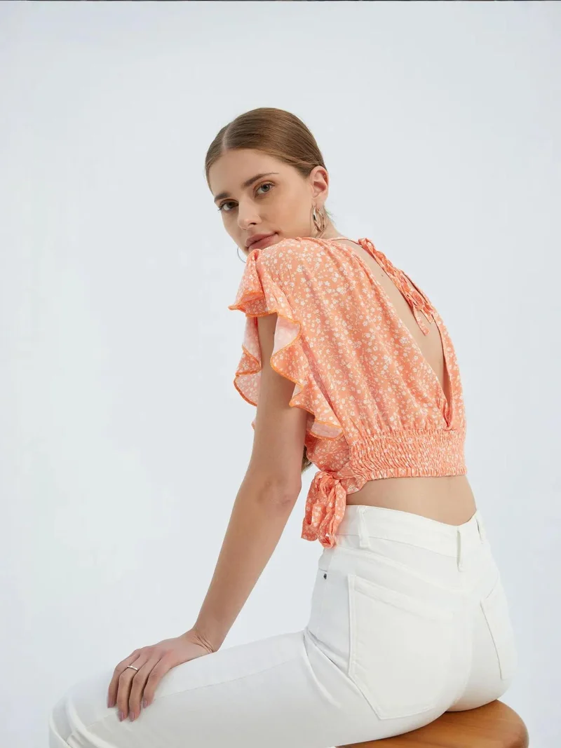 HICCUP Floral V Neck Tie Side Crop Top