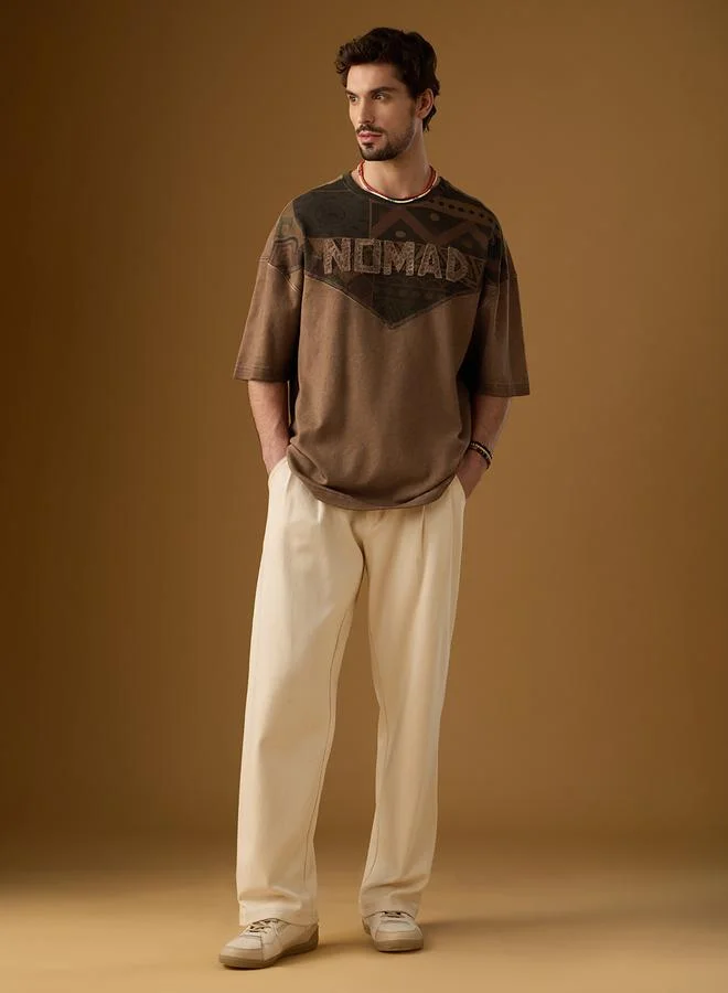The Souled Store Men Brown Oversized T-Shirt with Patchwork