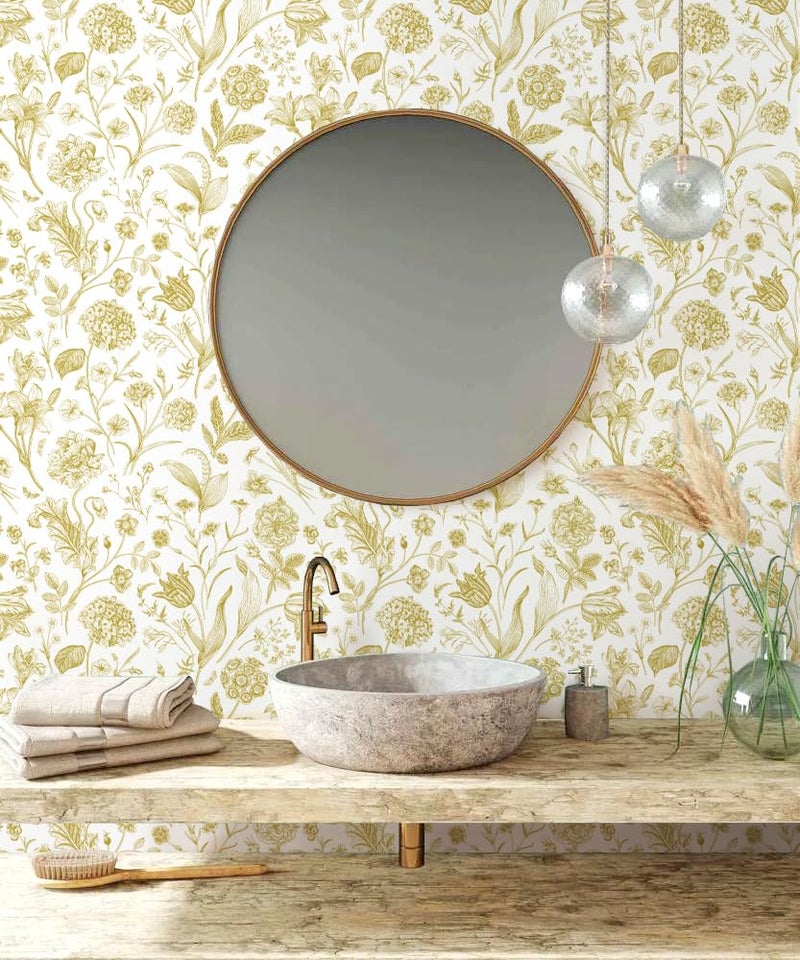 lenify Floral Peel and Stick Wallpaper White and Gold Contact Paper 16.9inch x 118.1inch Boho Wall Paper Peel and Stick Flower Self Adhesive Wallpaper Removable Gold Floral Furniture Decorative Vinyl - Image 4