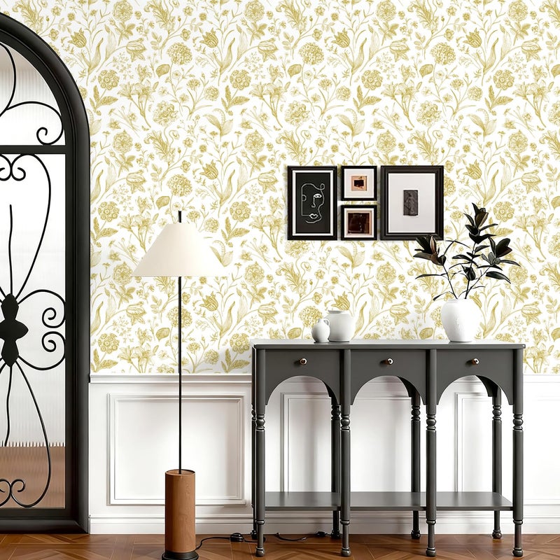 lenify Floral Peel and Stick Wallpaper White and Gold Contact Paper 16.9inch x 118.1inch Boho Wall Paper Peel and Stick Flower Self Adhesive Wallpaper Removable Gold Floral Furniture Decorative Vinyl - Image 2