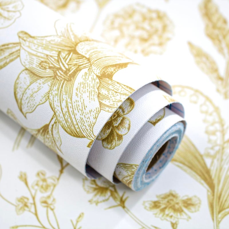 lenify Floral Peel and Stick Wallpaper White and Gold Contact Paper 16.9inch x 118.1inch Boho Wall Paper Peel and Stick Flower Self Adhesive Wallpaper Removable Gold Floral Furniture Decorative Vinyl - Image 5