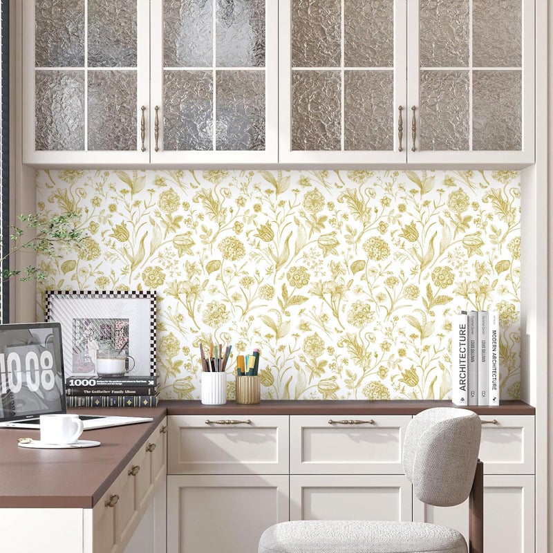 lenify Floral Peel and Stick Wallpaper White and Gold Contact Paper 16.9inch x 118.1inch Boho Wall Paper Peel and Stick Flower Self Adhesive Wallpaper Removable Gold Floral Furniture Decorative Vinyl - Image 3