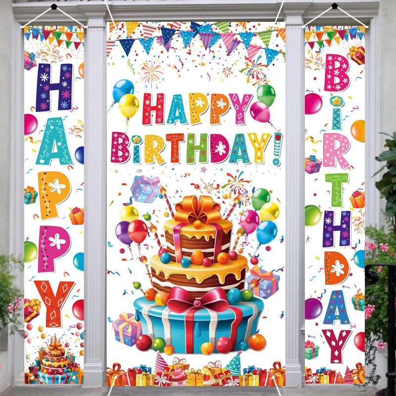 Azonee 3 PCS Happy Birthday Banner Door Cover Set Colorful Porch Sign Wall Decor Large Polyester Birthday Curtains for IndoorOutdoor Parties Photo Backdrop for Kids Girls Boys Women Men - Image 2