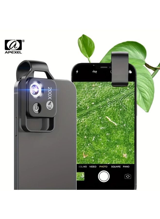 Black Apexel 200X Phone Microscope Lens With CPL Filter LED Light HD Smartphone Camera - Image 2