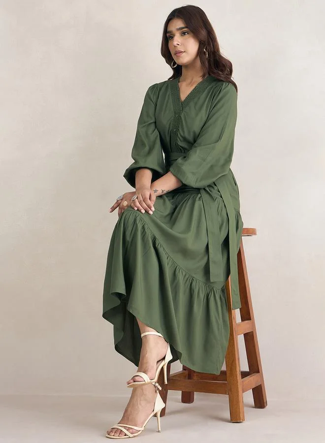 FEMELLA Smocked Detail Tiered Maxi Dress with Tie Belt by Styli