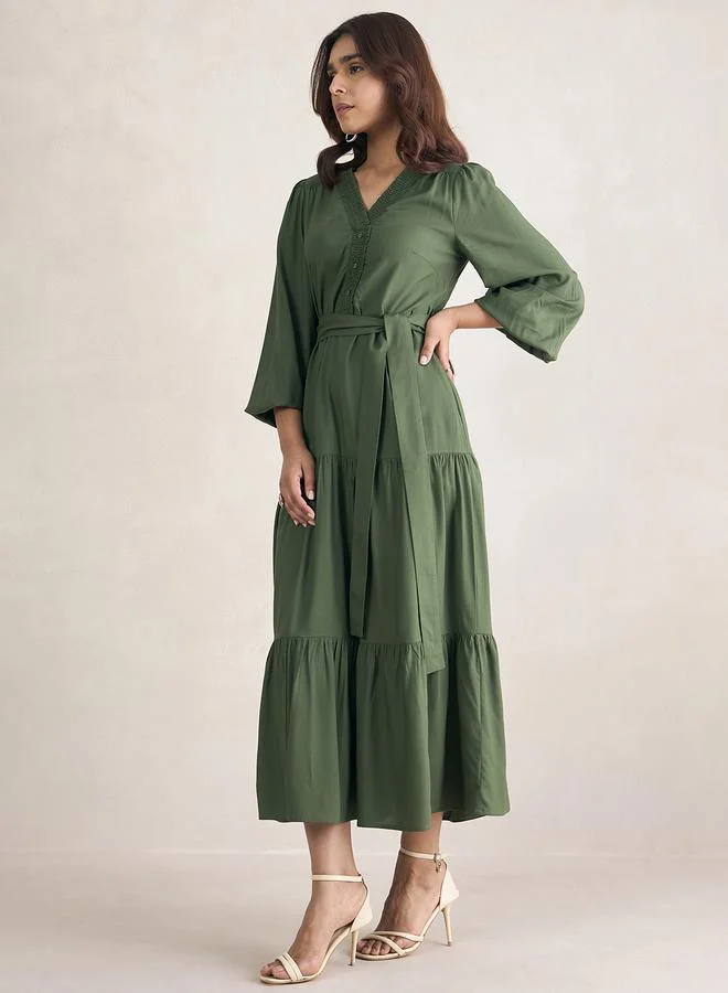 FEMELLA Smocked Detail Tiered Maxi Dress with Tie Belt by Styli