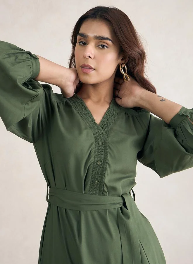 FEMELLA Smocked Detail Tiered Maxi Dress with Tie Belt by Styli