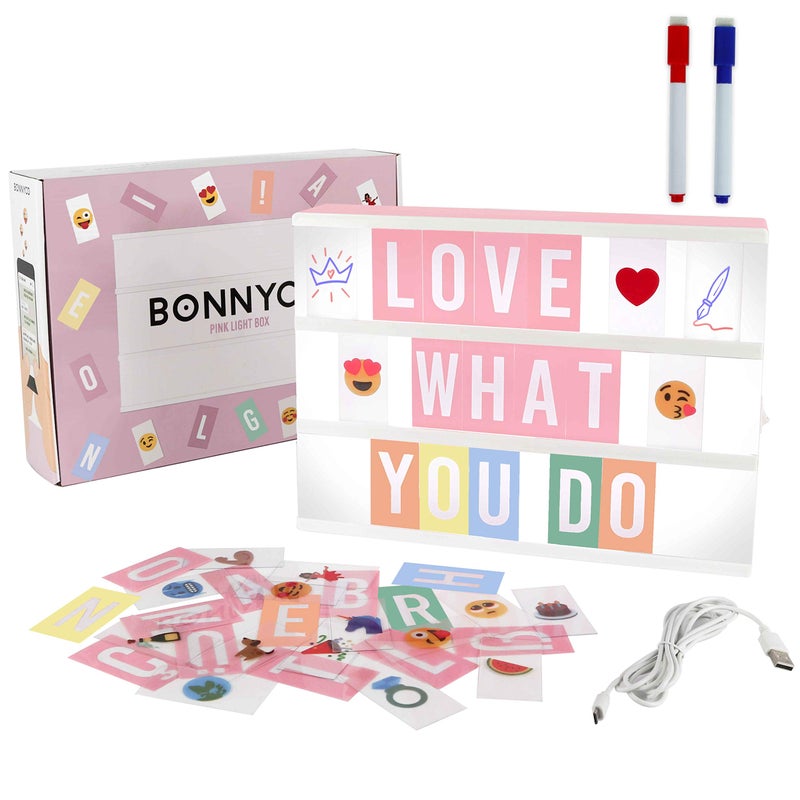 BONNYCO Light Box Pink with 400 Letters and Emojis, 2 Markers – | Included | Light Box Message Ideal for Home Bedroom Office Decoration | Luminous Picture Gift Idea for Teenagers Girls and Women - Image 1