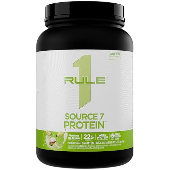 Rule 1 Proteins Rule 1 Source 7 Protein – Decadent Flavor, Velvety Smooth Texture, 22g Anytime Protein, and 10g Naturally Occurring EAAs Per Serving from 7 Premium Sources (1.8 Pounds*, Pistachio Ice Cream) - Image 1