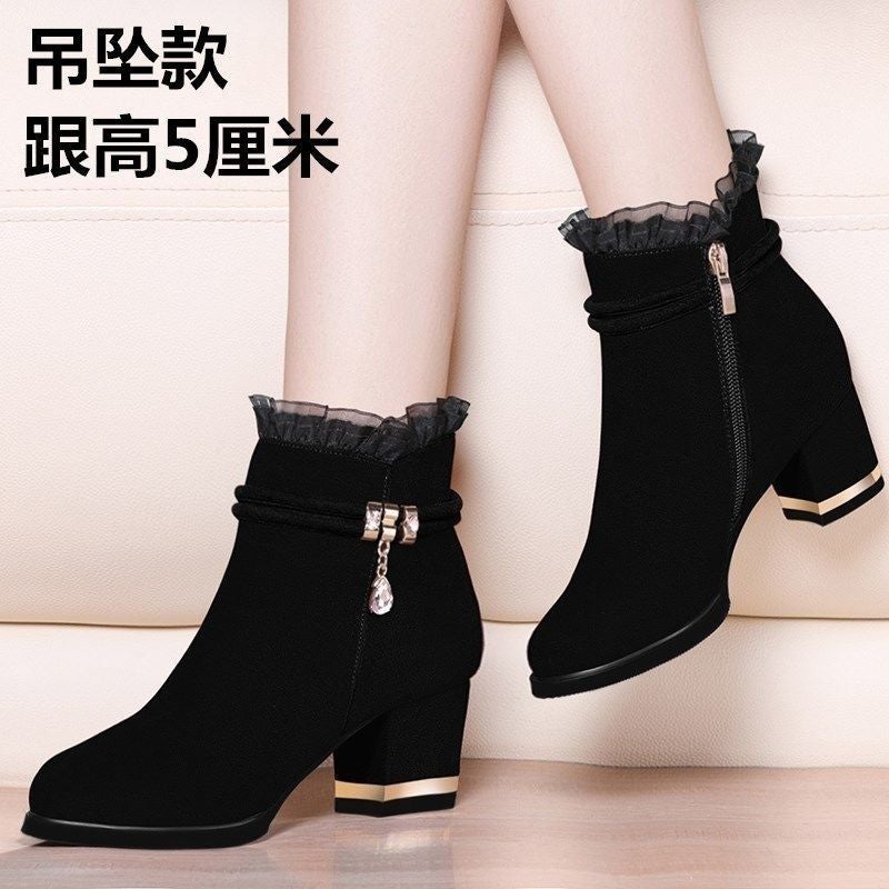 Thickened Fleece-Lined Boots 2023 Mid Heel Thick Heel Half Barrel Cotton Boots Non-Slip Soft Bottom Short Boots Snow Boots - Image 1