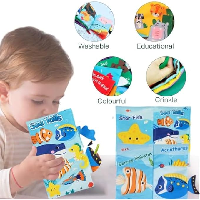 ENGAGING MARINE ANIMALS TOUCH AND FEEL CLOTH BOOKS, FOR BABIES, SOFT SENSORY TOYS FOR CAR SEATS AND STROLLERS, BABY GIFTS FOR 0 TO 12 MONTHS BOYS AND GIRLS, MULTICOLOR FUN - Image 4