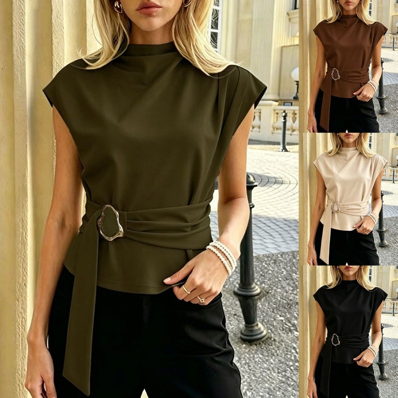 High Neck Sleeveless Top with Metal Buckle Belt, Waist-Cinching, Slimming, Commuting Shirt - Image 1