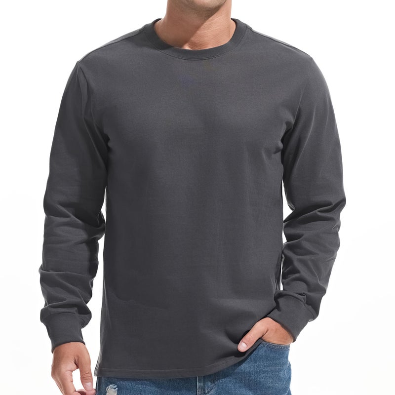 VEIISAR Mens Heavy Weight Crew Neck Long Sleeve T Shirt Mens 100 Cotton Thick Pre Shrunk Shirts Dark Grey L - Image 2