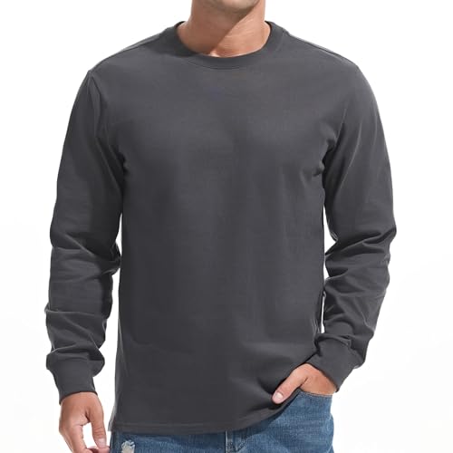 VEIISAR Mens Heavy Weight Crew Neck Long Sleeve T Shirt Mens 100 Cotton Thick Pre Shrunk Shirts Dark Grey L - Image 1