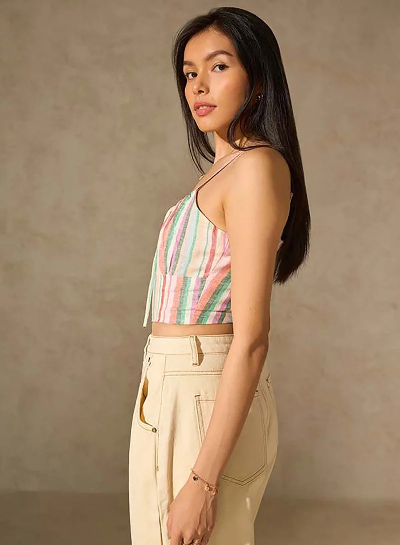 Virgio VIRGIO Linen Stripped Front Tie-Up Crop Top