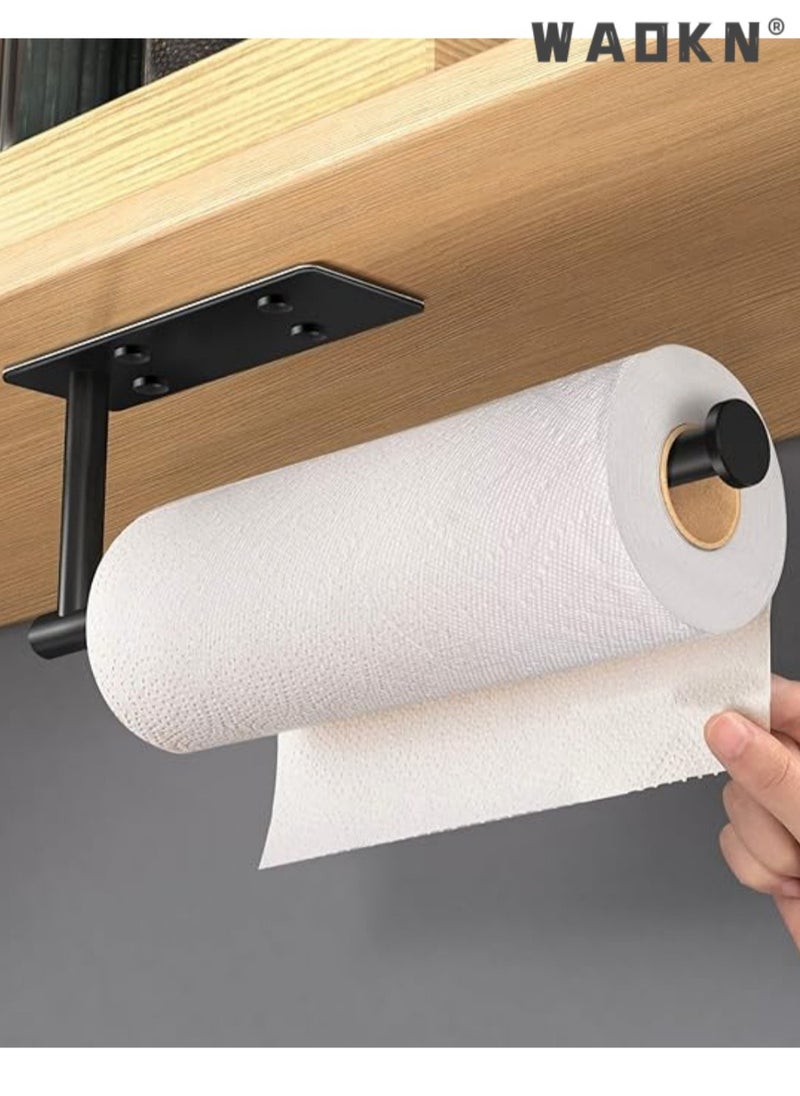 WAOKN - Paper Towel Holder,Self Adhesive Paper Towel Holder Under Cabinet Mount, Wall Mounted Paper Towel Roll Holder with Damping Effect for Kitchen, Bathroom, Wall - SUS304 Stainless Steel (Black) - Image 1
