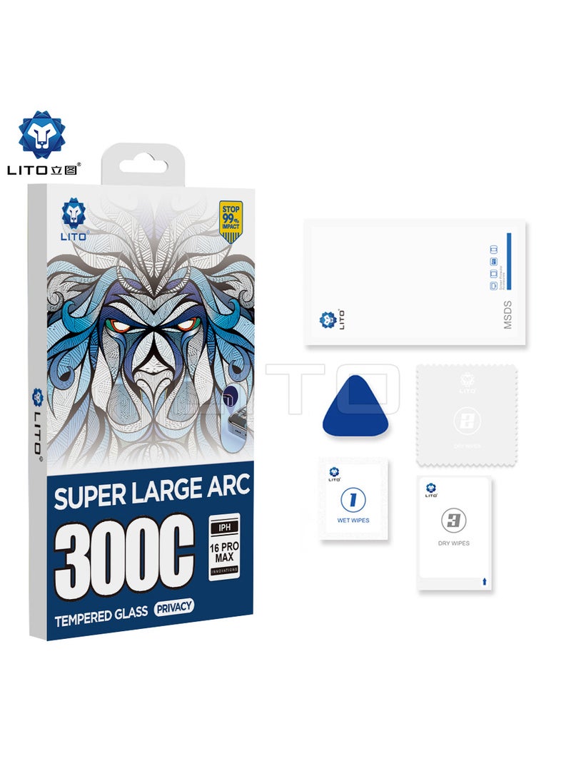 ليتو واقي شاشة Lito 300C من الزجاج المقوى للخصوصية مضاد لبصمات الأصابع، حماية كاملة للشاشة لجهاز ايفون 16 برو ماكس - Image 2