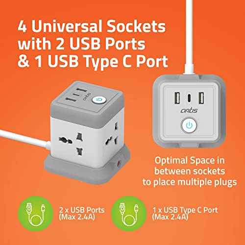 Artis AR-4SS-3USBCB 4 Universal Sockets with 2 USB Ports & 1 USB Type C Port with Circuit Breaker Surge Protector - Image 2