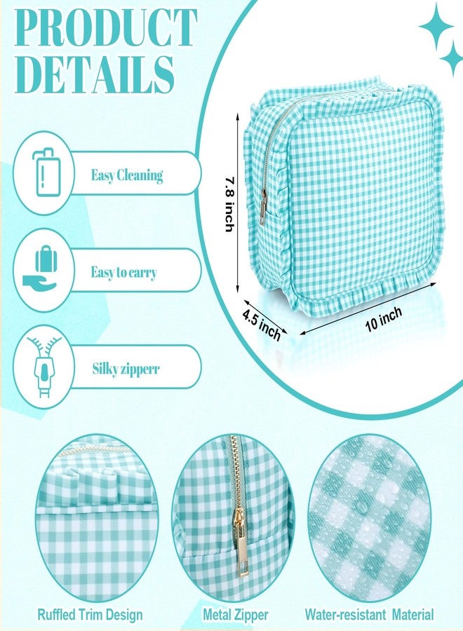 SilTriangle Mint Gingham Ruffle Makeup Bag 10 x 8 x 4.5 Inches Large Ruffle Pouch Travel Cute Checkered Cosmetic Toiletry Bag with Zipper for Women Girls, Toiletry Pouch Make up Organizer Gift - Image 2