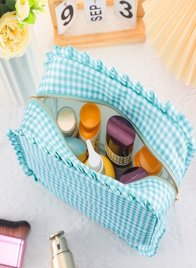 SilTriangle Mint Gingham Ruffle Makeup Bag 10 x 8 x 4.5 Inches Large Ruffle Pouch Travel Cute Checkered Cosmetic Toiletry Bag with Zipper for Women Girls, Toiletry Pouch Make up Organizer Gift - Image 3