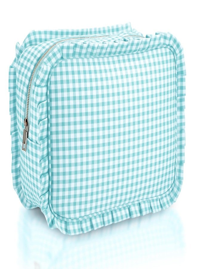 SilTriangle Mint Gingham Ruffle Makeup Bag 10 x 8 x 4.5 Inches Large Ruffle Pouch Travel Cute Checkered Cosmetic Toiletry Bag with Zipper for Women Girls, Toiletry Pouch Make up Organizer Gift - Image 1